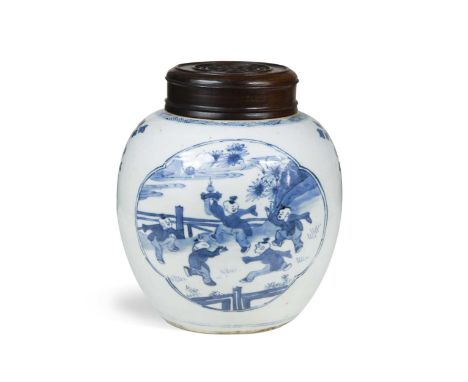 A Chinese blue and white porcelain ginger jar,  Kangxi (1662-1722), two main panels one depicting five playful boys and the o