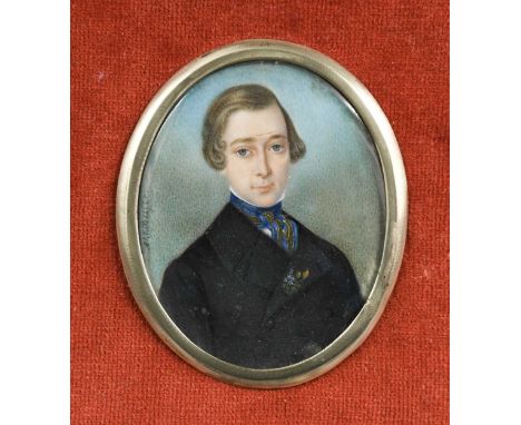 Continental School, 1845 Portrait miniature of a young man in a frock coat with his lapel embroidered with flowers signed and