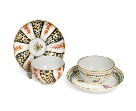 Five Chelsea-Derby tea bowls and saucers, circa 1770, one decorated with the Queen Charlotte pattern, another with floral swa