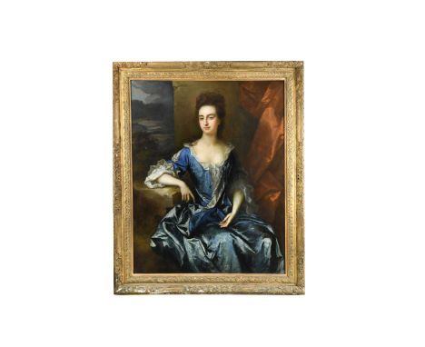 Circle of John Riley (1646-1691) Portrait of a lady, said to be Mrs Levinz, in a blue dress, seated three-quarter length befo