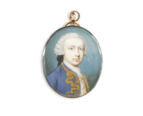 Gervase Spencer (c.1715-1763) Portrait miniature of a gentleman, wearing blue coat with gold frogging, white figured waistcoa