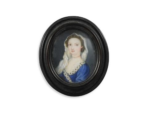 Peter Paul Lens (1714 - after 1754) Portrait miniature of a lady wearing a blue robe edged with ermine, pearl choker, her bro