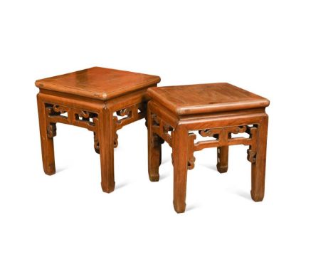 A pair of Chinese stools/stands, late  Qing Dynasty/early Republic,  the legs united by boldly scrolled stretchers51 x 44 x 4