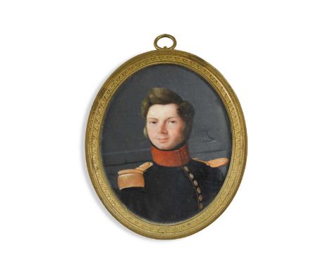 C Desmontils (fl. c. 1820)Portrait miniature of an officer of the 56th Regiment, wearing a black coatee with embossed brass b