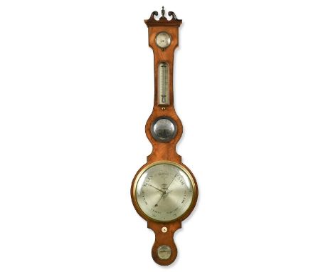 A mahogany wheel barometer, 19th century, by Lefever, Wisbech, with swan-neck pediment above silvered dials for hygrometer, t