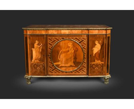 A George III ormolu-mounted mahogany, amaranth, harewood and marquetry breakfront cabinet, attributed to Christopher Fuhrlohg