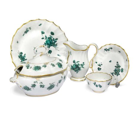 A group of Chelsea-Derby porcelain, circa 1775,  decorated in green monochrome with floral swags and sprays of flowers, compr