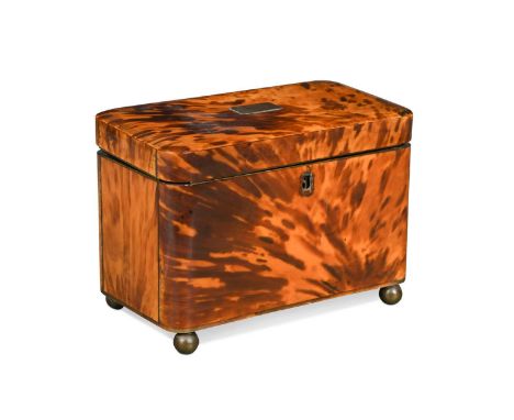 A Regency tortoiseshell tea caddy,  the hinged cover opening to reveal two lidded compartments within, raised on bun feet12 x