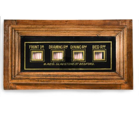 A mahogany-framed servant's bell indicator box, the four windows for 'FRONT Rm, DRAWING Rm, DINING Rm, BEDRm' behind a verre 