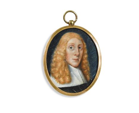 Dutch School, circa 1660 Portrait miniature of a gentleman with long blond hair wearing a black doublet and white lace collar