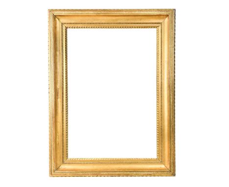 Empire style gilt gesso frame with leaf-and-tongue sight, beaded inner course, plain scoop frieze and ribbon-and-stick outer 