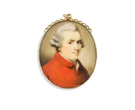 Ozias Humphry (1742-1810) Portrait miniature of a gentleman in a scarlet coat and powdered wigsigned with a monogram (lower r