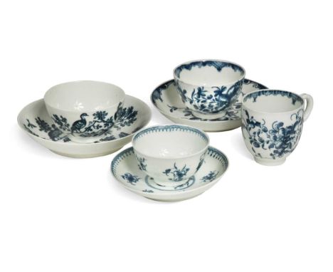 Two Worcester tea bowl and saucers, circa 1775, one decorated with the Waiting Chinaman pattern, another with the Birds in Br