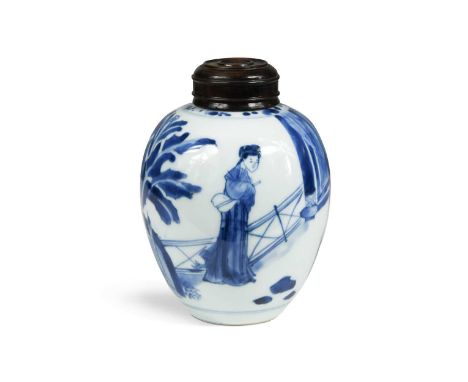 A Chinese blue and white ginger jar, Kangxi (1662-1722), painted with three slender courtesans on a veranda, bearing four cha