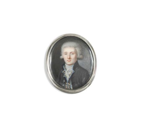 French school, circa 1760 Portrait miniature of a gentleman in black coat and blue trimmed waistcoat embroidered with flowers