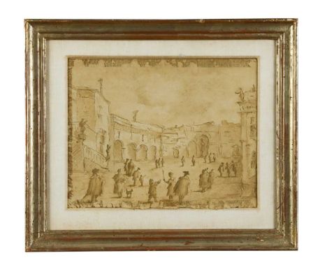Manner of Francesco Guardi Figures in a capriccio architectural settingpen and grey wash on paper19.5 x 24.5cm