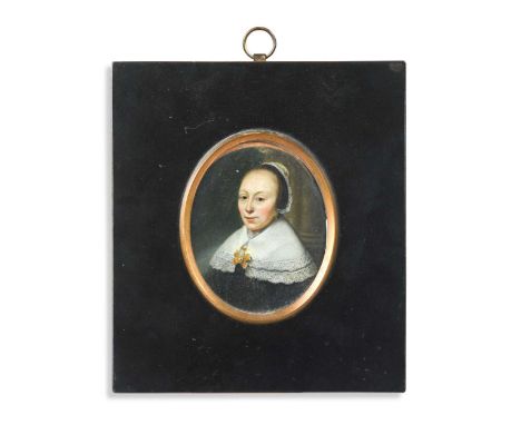 Dutch School, 1656 Portrait miniature of a lady wearing a black dress with double-layered white collar trimmed with lace and 