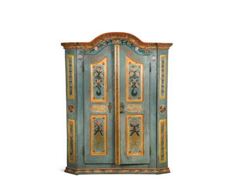 A Scandinavian painted wardrobe, early 19th century, the domed cornice above two panelled cupboard doors painted with floral 