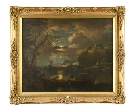 Manner of Claude-Joseph Vernet A moonlit Mediterranean harbour scene with men loading logs into a boat beneath a castle on a 