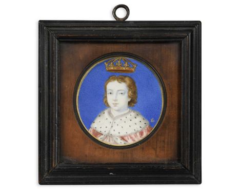 Bernard Lens III (1682-1740) Portrait miniature of Edward V (1470-1483), wearing an ermine-trimmed robe, painted against a bl