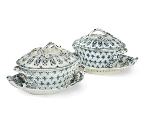 A Caughley blue and white chestnut basket, cover and stand, circa 1775, decorated with the Pine Cone pattern, the basket of l