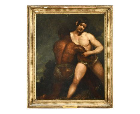 William Etty, RA (1787-1849) The Wrestlers (recto), and a study of a man with a staff (verso)signed in monogram (to the rever