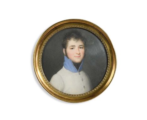 French School, circa 1815 Portrait miniature of an officer in a white coat with high light blue collar and black stockwaterco