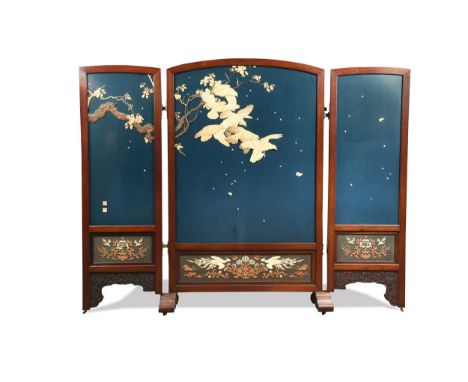 A large Japanese shibayama three-fold room screen, Meiji period, comprising three arched sections, the two side sections hing