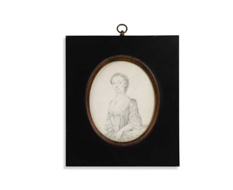 Thomas Worlidge (1700-1766) Portrait miniature of a lady, believed to be Miss Kitty Tracy, with her left arm resting upon a t
