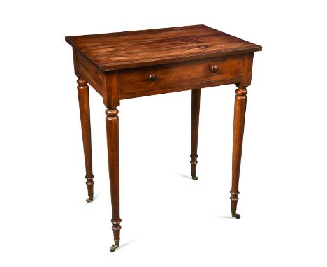 A goncalo alves lamp table, 19th century, the boldly figured top above a single drawer and opposing dummy drawer, raised on s