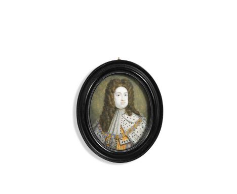 Bernard Lens III (1682-1740) after Sir Godfrey Kneller Portrait miniature of King George I (1660-1727) in ceremonial state ro