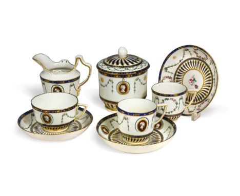 A group of Chelsea-Derby neo-classical decorated porcelain, circa 1775, painted in monochrome with gilt oval portrait cartouc