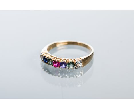 NINE CARAT GOLD 'DEAREST RING'
set with seven gemstones, the first letters of each spelling out 'dearest', marked 375, size M