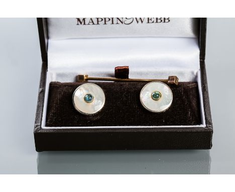 PAIR OF MAPPIN & WEBB SILVER MOTHER OF PEARL CUFFLINKS
of circular form, set with mother of pearl and a central blue stone, m