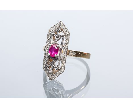 FRENCH ART DECO STYLE RUBY AND DIAMOND RING
of hexagonal form and of floral design, the central ruby approximately 0.46 carat
