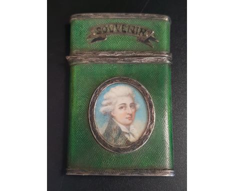 SHAGREEN NOTE HOLDERthe hinged case with unmarked silver mounts and applied  'Souvenir' banner, with hand finished portrait m