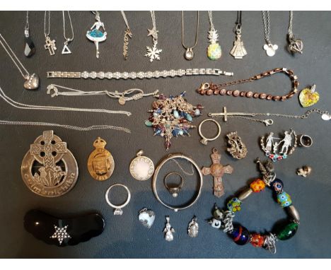 SELECTION OF SILVER AND OTHER JEWELLERYthe silver pieces including a Christening bangle, two rings and various pendants and c