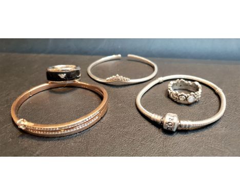 SELECTION OF FASHION JEWELLERYcomprising a Pandora tiara bangle, a Pandora Moments silver charm bracelet, a Pandora moonstone