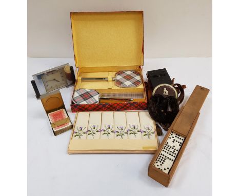 MIXED LOT OF COLLECTABLESincluding a boxed tartan backed dressing table set, a boxed set of six thistle embroided linen handk