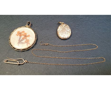 TWO GOLD LOCKET PENDANTSone with glazed circular panels on each side in nine carat gold mount, the other with enamel and engr
