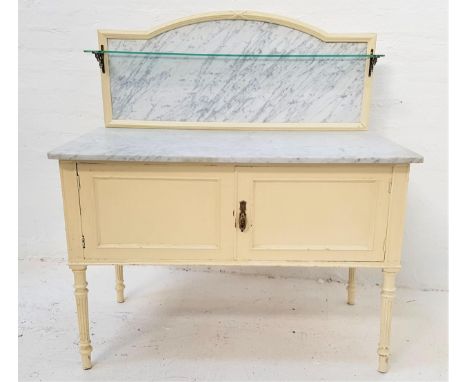 PAINTED WASH STANDwith a shaped and raised grey marble back with a glass shelf above a grey marble top with a pair of paneled