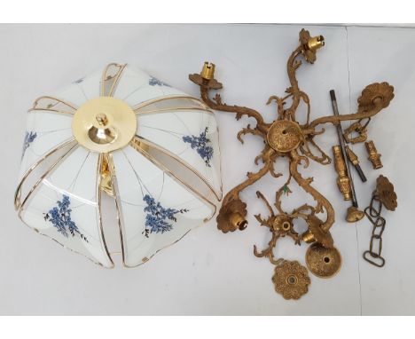 GILT METAL CEILING LIGHTwith five scroll arms and a suspension chain, 47cm diameter; together with a brass ceiling light with