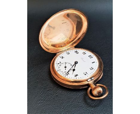 NINE CARAT GOLD 'RECORD' FULL HUNTER POCKET WATCHthe white enamel dial with Roman numerals and subsidiary seconds dial, hallm