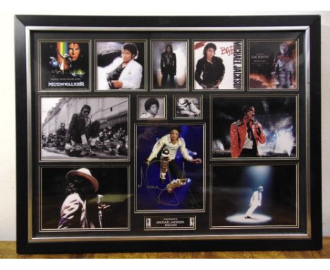 A framed and glazed signed Michael Jackson collage of photographs to include COA to verso, 58 x78cm