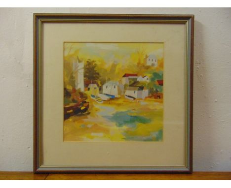 Richard Tuff framed and glazed polychromatic lithographic print of boats on a beach, 27 x 27cm
