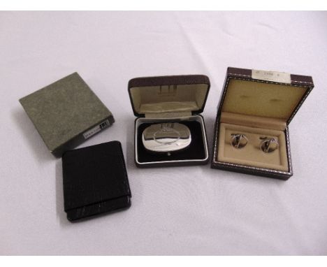 Dunhill silver snuff box, a pair of Dunhill silver cufflinks and an alligator skin card case, all in original packaging