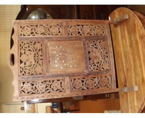 Sheesham wood firescreen with fret-work panels and brass inlay
