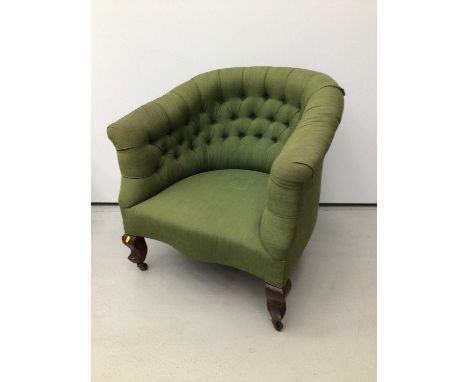 Early 20th century button upholstered tub chair, green upholstery on cabriole legs