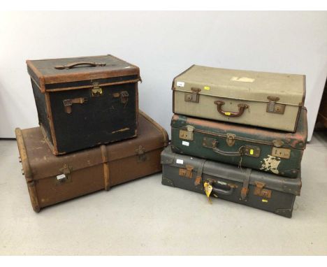 Three vintage suitcases and two vintage cabin trunks, together with vintage tennis racquets