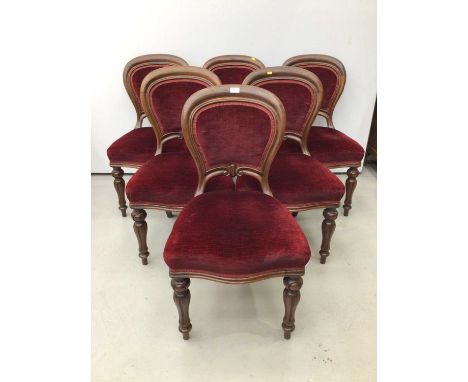 Set of six Victorian Scottish mahogany balloon back dining chairs upholstered in red velvet with polished mahogany frame, pad